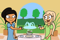 blonde_hair brown_eyes brown_hair coco dress formal fountain grass plant scones soei table tea teacup tree trees // 1720x1150 // 1.3MB