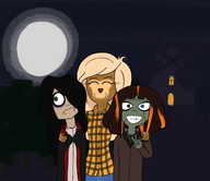 black_hair blonde_hair flannel frankenstein green_eyes halloween heterochromia meta:general_fanart monster monsters moon night trees vampire werewolf windmill // 2700x2333 // 3.5MB