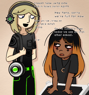 artist:mrcarhyla belt black_hair blonde_hair blue_eyes brown_eyes chest cleo english_text exclamation_mark frutiger_areo frutiger_metro hanging_out headphones Hebrew_text meta:general_fanart necklace occoal pants partially_dyed_hair pocket question shirt tagme text Yana // 1657x1779 // 2.5MB