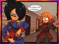 artist:aidanisl8 blood bullet_wound english_text epaulettes flinklock handgun maya mymy pistol schoppenboer_household speaking sweat sword tagme uniform // 4003x3000 // 12MB