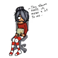 album_cover artist:nitrous.huffer blush chair dialogue holding_object In_The_Aeroplane_Over_The_Sea_(album) looking_away maya meta:general_fanart open_mouth shy text white_background white_void // 2882x2882 // 264KB