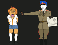 (you) 2soyjaks anti_ongezellig arm big_breasts blood bloodshot_eyes breasts closed_mouth clothes collar_tabs communism dead death ear execution full_body glasses gun gunshot hair hand hat holding_gun holding_object holding_pistol kuz military_cap mymy necktie nkvd ongezellig orange_hair orange_skin pistol shooter shooting skirt soviet_union soyjak stalinism text uniform variant:bernd variant:kuzjak // 946x750 // 272KB