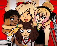 artist:mrcarhyla black_hair blonde_hair brown_hair cleo coco cymbal cymbals drum drumset electric_guitar eyes_closed group_hug guitar happy joy looking_at_someone looking_at_something looking_right looking_up medal meta:general_fanart mouth_open necklace one_eye_closed partially_dyed_hair smile tagme text yfke zoey // 2048x1645 // 2.9MB