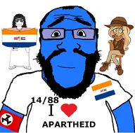 1488 2soyjaks apartheid armband blue_skin boer clothes coco_(ongezellig) flag:south_africa_(1928) full_body glasses ongezellig smile south_africa stubble subvariant:science_lover variant:markiplier_soyjak variant:soytan // 800x793 // 126KB
