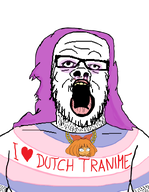 anime anti_ongezellig clothes flag glasses hair hairy i_love makeup mustache mymy necklace ongezellig open_mouth purple_hair soyjak stubble text tranny variant:a24_slowburn_soyjak yellow_teeth // 636x822 // 141KB