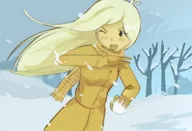 artist:potgietereff blushing coat coco looking_sideways one_eye_closed outside scarf snow snowball tree // 638x436 // 34KB