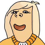 cartoon clothes coco_(ongezellig) eyelashes female hair makeup ongezellig open_mouth orange_skin smile soyjak subvariant:wholesome_soyjak variant:gapejak yellow_hair // 800x800 // 31KB
