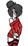 blushing goonbait maya nervous sisa striped_socks sweating thighs unknown_artist zwart_haar // 544x893 // 261KB