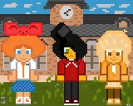 black_hair blonde_hair blue_eyes boots bow brown_eyes clock clouds coco eye_bag eye_bags frown frowning grass green_eyes hair_bun hair_covering_eye hoodie maya meta:general_fanart mymy no_freckles orange_hair pants pixel_art school skirt sky smile smiling smirk tagme tie unknown_artist window windows // 2000x1600 // 125KB