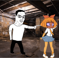 anti_ongezellig asian basement blue_eyes bowtie cartoon chin closed_mouth clothes distorted firearm freckles full_body glasses gun hair holding_gun holding_object holding_pistol imminent_death irl_background monkey mymy necktie ongezellig open_mouth orange_hair orange_skin pistol scared shoe shooting skirt smile soyjak tshirt variant:chudjak weapon // 767x749 // 578KB