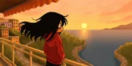 artist:aidanisl8 black_hair gif green_eyes hair_following hair_following_in_the_breeze hoodie maya meta:general_fanart monaco road scenery sea sun sunset tagme // 2000x1000 // 2.0MB