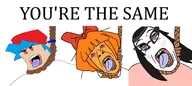 2soyjaks ack anti_ongezellig anti_soytan bloodshot_eyes blue_hair bowtie boyfriend_(friday_night_funkin') cap clothes dead friday_night_funkin' glasses hair hanging hat multiple_soyjaks mymy no_nose ongezellig open_mouth orange_hair orange_skin rope soy soy_parody soyjak soylent stubble suicide suicide_pact tan_shirt teeth tongue total_sloptran_death variant:bernd variant:soytan video_game white_skin yellow_teeth you're_the_same // 1920x860 // 303KB