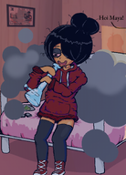 bed dialogue drool drooling high holding_object looking_away maya meta:general_fanart pot smoking text // 1022x1422 // 1.3MB
