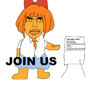 angry anti_ongezellig board bowtie closed_mouth clothes freckles full_body glasses hand join_us mymy necktie ongezellig orange_hair orange_skin skirt soyjak subvariant:chudjak_front text variant:chudjak // 1932x1756 // 229KB