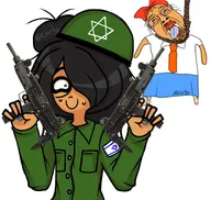 ack ack! artist:mrcarhyla bernd bow flag:israel glasses green_eyes gun hair_bun hair_over_eye hair_over_eye_(maya) hanging helm helmet holding_object maya mymy niggerwiggle skirt smile star_of_david tie troonjak varient:bernd weapon // 1514x1438 // 197KB