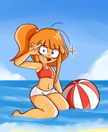 beach beach_ball clouds gussywussy_(artist) looking_at_viewer mymy outside peace_sign ponytail sand shorts smiling sparkle // 2376x2892 // 1.4MB