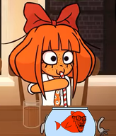 animal_abuse bow bowtie collared_shirt concerned cup fish fork glass knife mymy ongezellig orange_hair orange_skin smile straw subvariant:soyak_(concerned) variant:soyak // 309x361 // 123KB